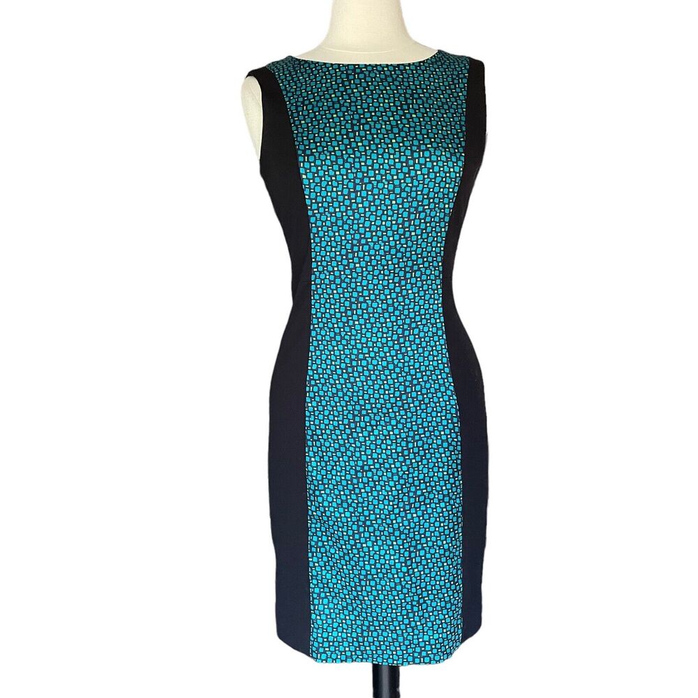 Womens T Tahari Black Sz S Knee Length Sheath Dress Teal Graphic Insert Back Zip